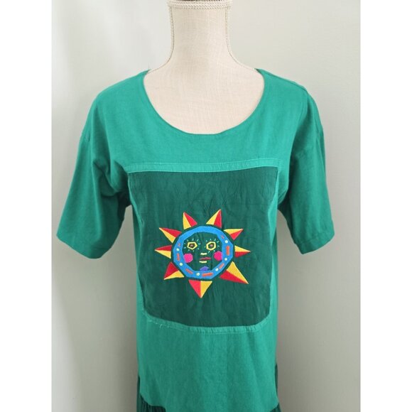 Johnny Was Vintage 90 Cotton Green Sun Embroidery Midi Drop Waist Dress S Petite - Picture 2 of 10
